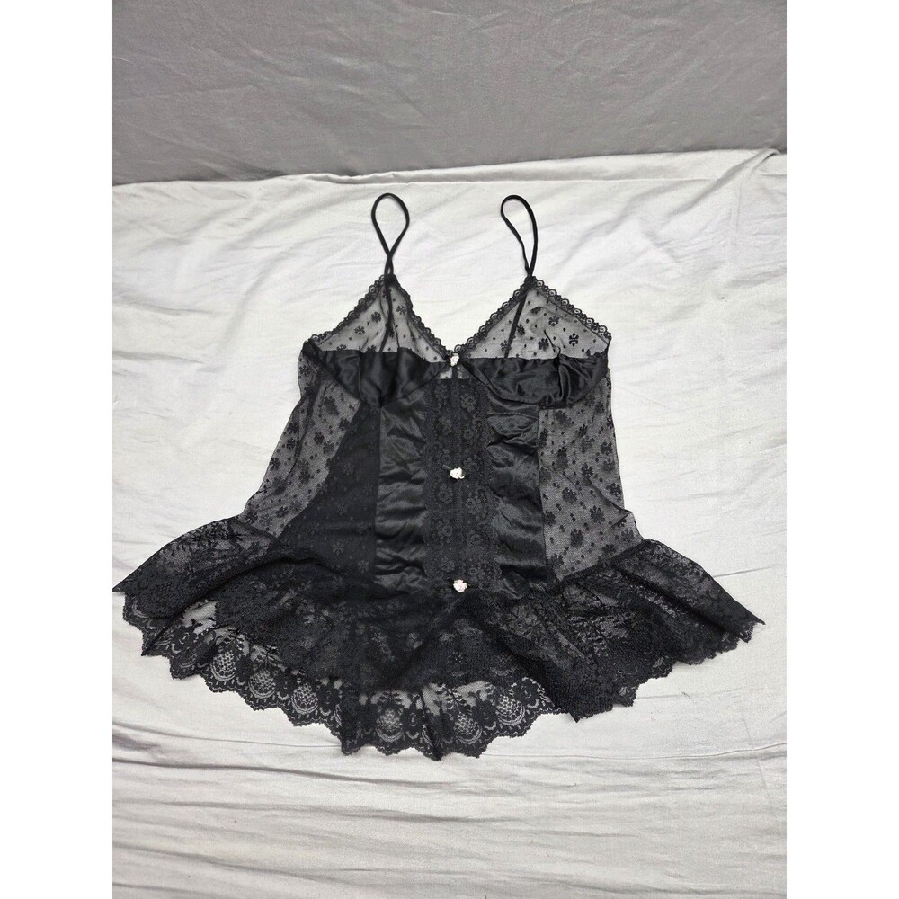 Vintage PETRA Fashions Black  BABYDOLL Nightie Lace Satin Trim Size Small